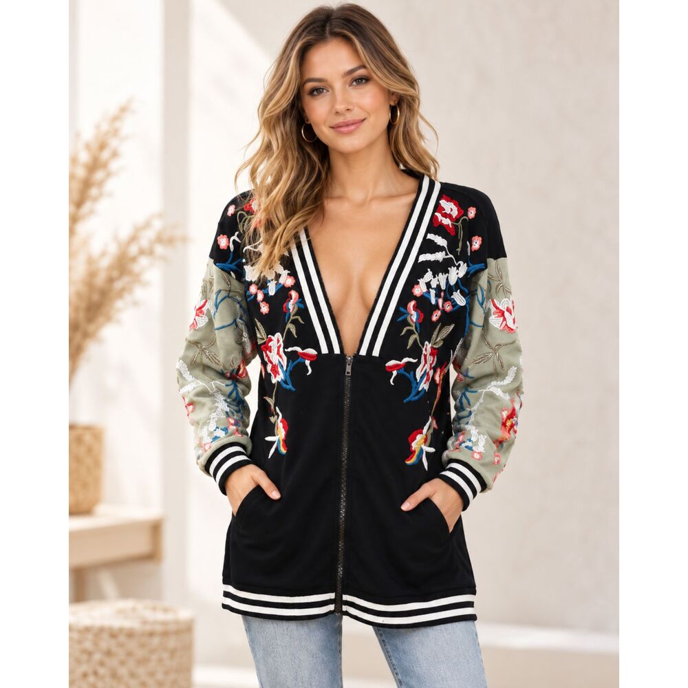 Free People Women's Embroidered Long Sleeves Jacket Top Black Cotton L 288875